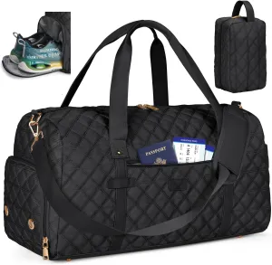 SDYSM Gym Bag for Women, Travel Duffle Bag with Shoe Compartment & Wet Pocket Waterproof Carry On Weekender for Sports, Yoga, Gym (Black)