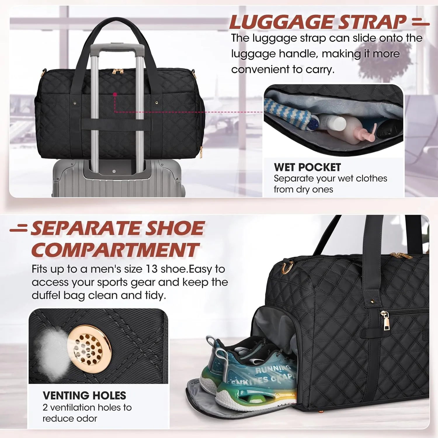 SDYSM Gym Bag for Women, Travel Duffle Bag with Shoe Compartment & Wet Pocket Waterproof Carry On Weekender for Sports, Yoga, Gym (Black)