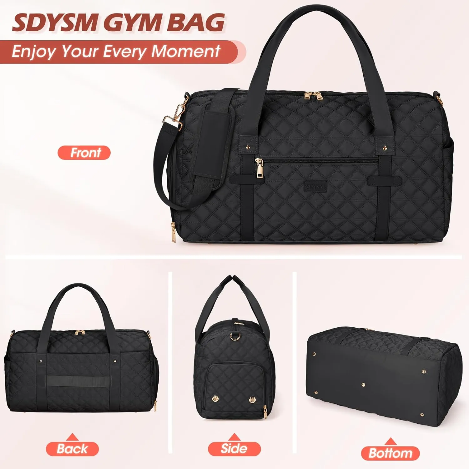 SDYSM Gym Bag for Women, Travel Duffle Bag with Shoe Compartment & Wet Pocket Waterproof Carry On Weekender for Sports, Yoga, Gym (Black)