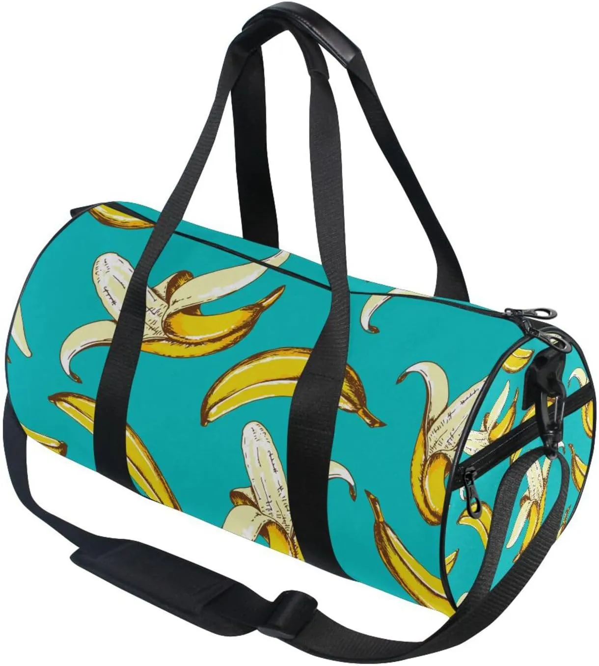 Seamless Fruit Pattern with Yellow Bananas on Turquoise Background Portable Gym Bag, Travel Bag, Luggage bag, Sports Bag, Toiletry Bag with Handles, Detachable Shoulder Strap 17.6 x 9 x 9 inch