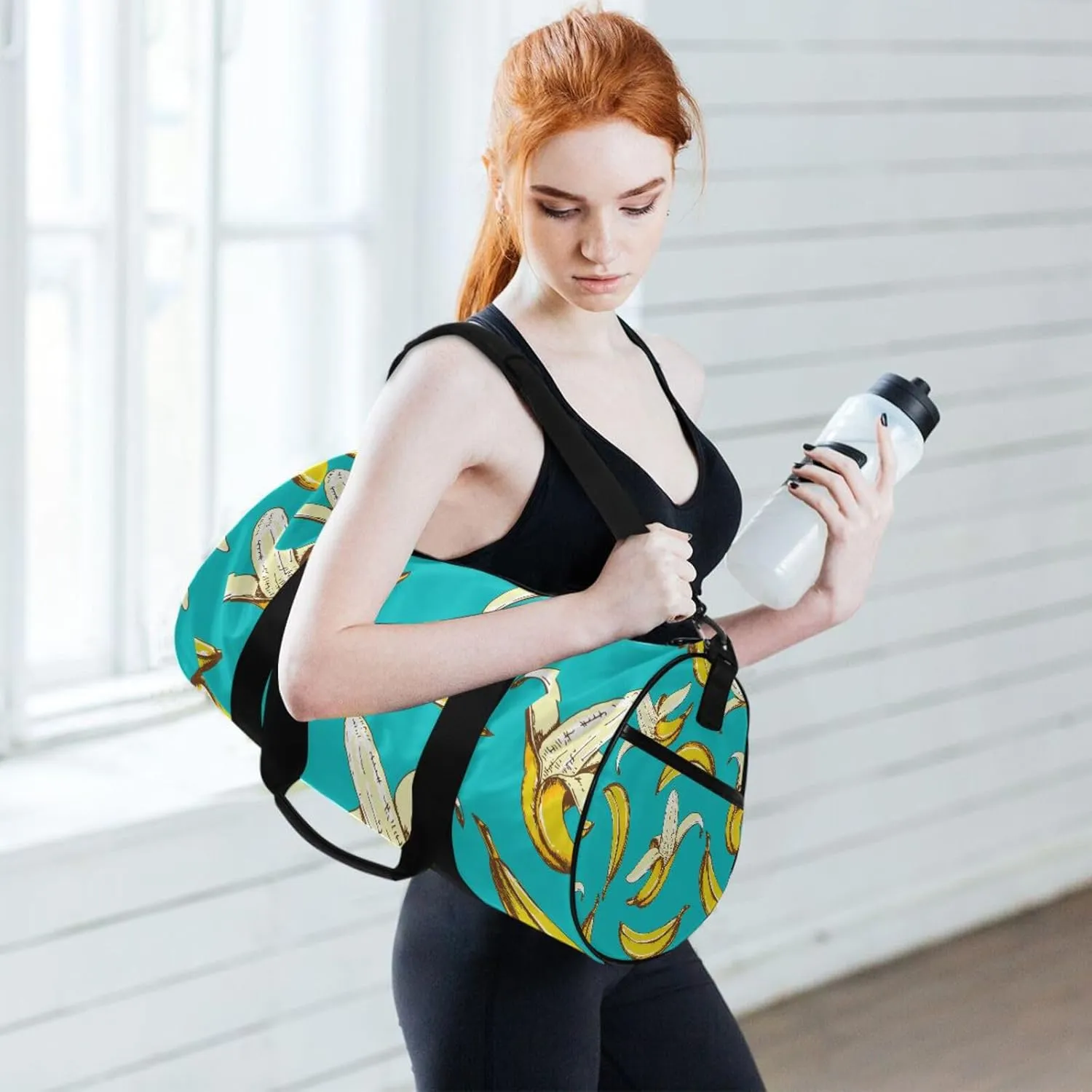 Seamless Fruit Pattern with Yellow Bananas on Turquoise Background Portable Gym Bag, Travel Bag, Luggage bag, Sports Bag, Toiletry Bag with Handles, Detachable Shoulder Strap 17.6 x 9 x 9 inch