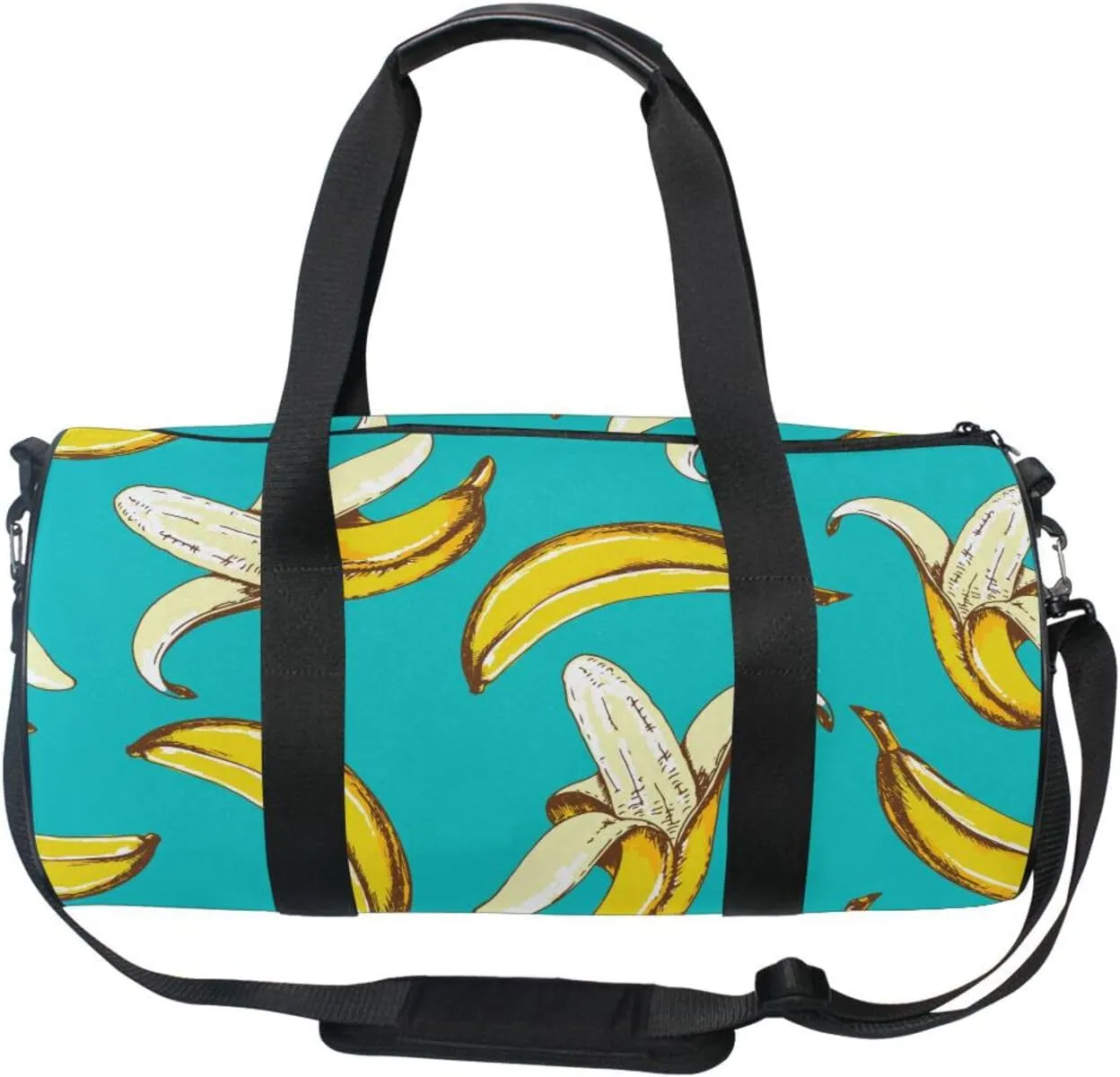 Seamless Fruit Pattern with Yellow Bananas on Turquoise Background Portable Gym Bag, Travel Bag, Luggage bag, Sports Bag, Toiletry Bag with Handles, Detachable Shoulder Strap 17.6 x 9 x 9 inch