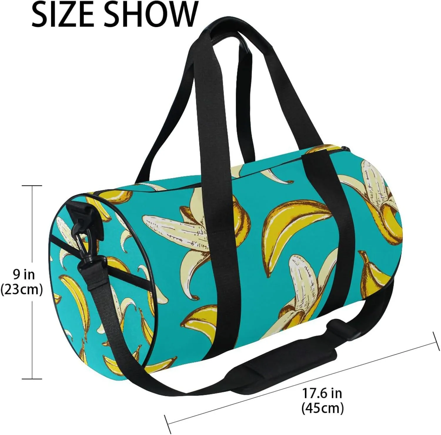Seamless Fruit Pattern with Yellow Bananas on Turquoise Background Portable Gym Bag, Travel Bag, Luggage bag, Sports Bag, Toiletry Bag with Handles, Detachable Shoulder Strap 17.6 x 9 x 9 inch