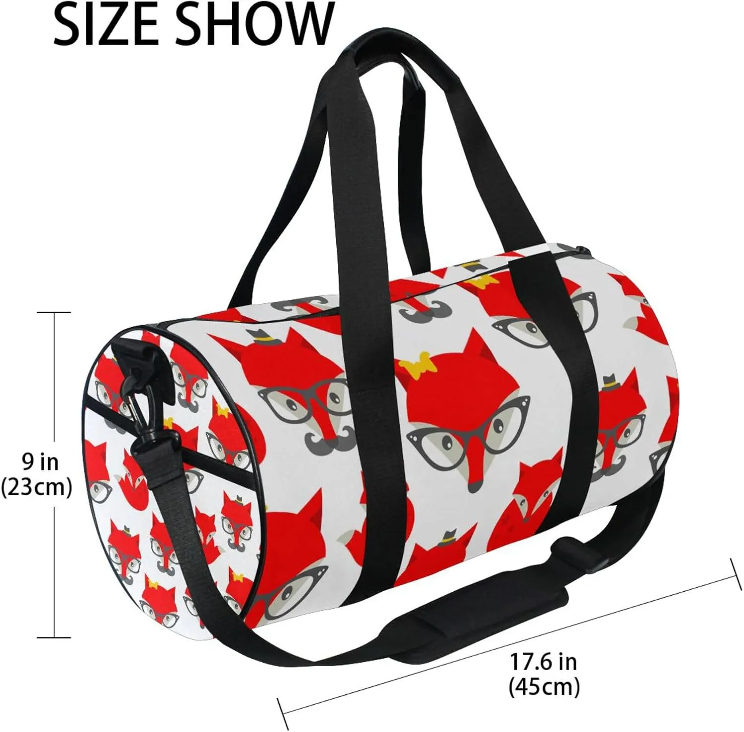 Seamless Pattern with Cute Red Foxes on White Portable Gym Bag, Travel Bag, Luggage bag, Sports Bag, Toiletry Bag with Handles, Detachable Shoulder Strap 17.6 x 9 x 9 inch