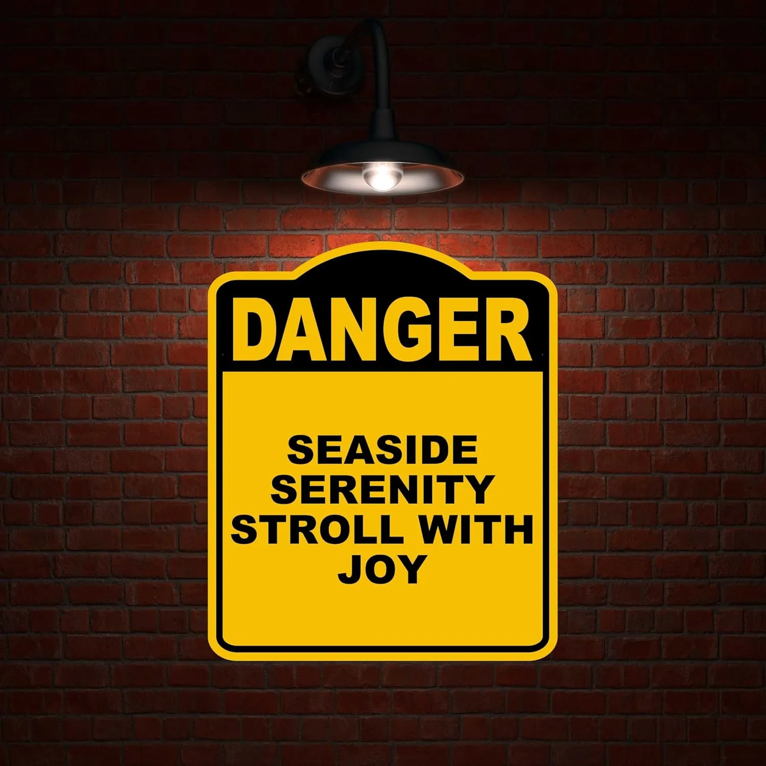 SEASIDE SERENITY STROLL WITH JOY Danger Yellow Black Aluminum Composite Sign 20 x 24 inches