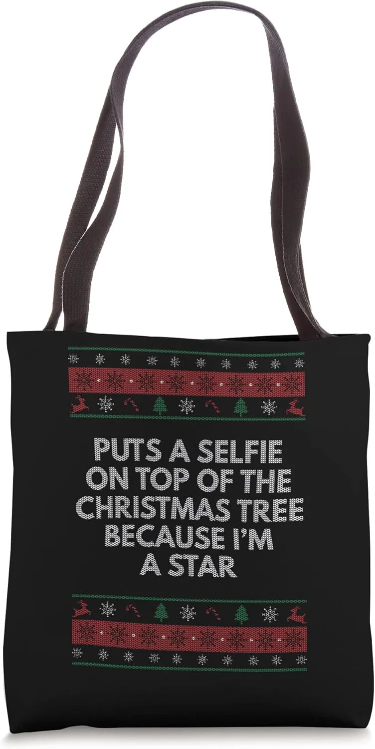 Selfie on Top of the Christmas Tree Funny Narcissist Humor Tote Bag