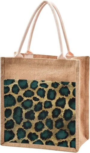 senya Canvas Tote Bag Women Beach Bag Burlap Beach Totes Grocery Shopping Travel Swim Gym Bags 12.6x14.2in Green Gold Black Leopard Print Pattern