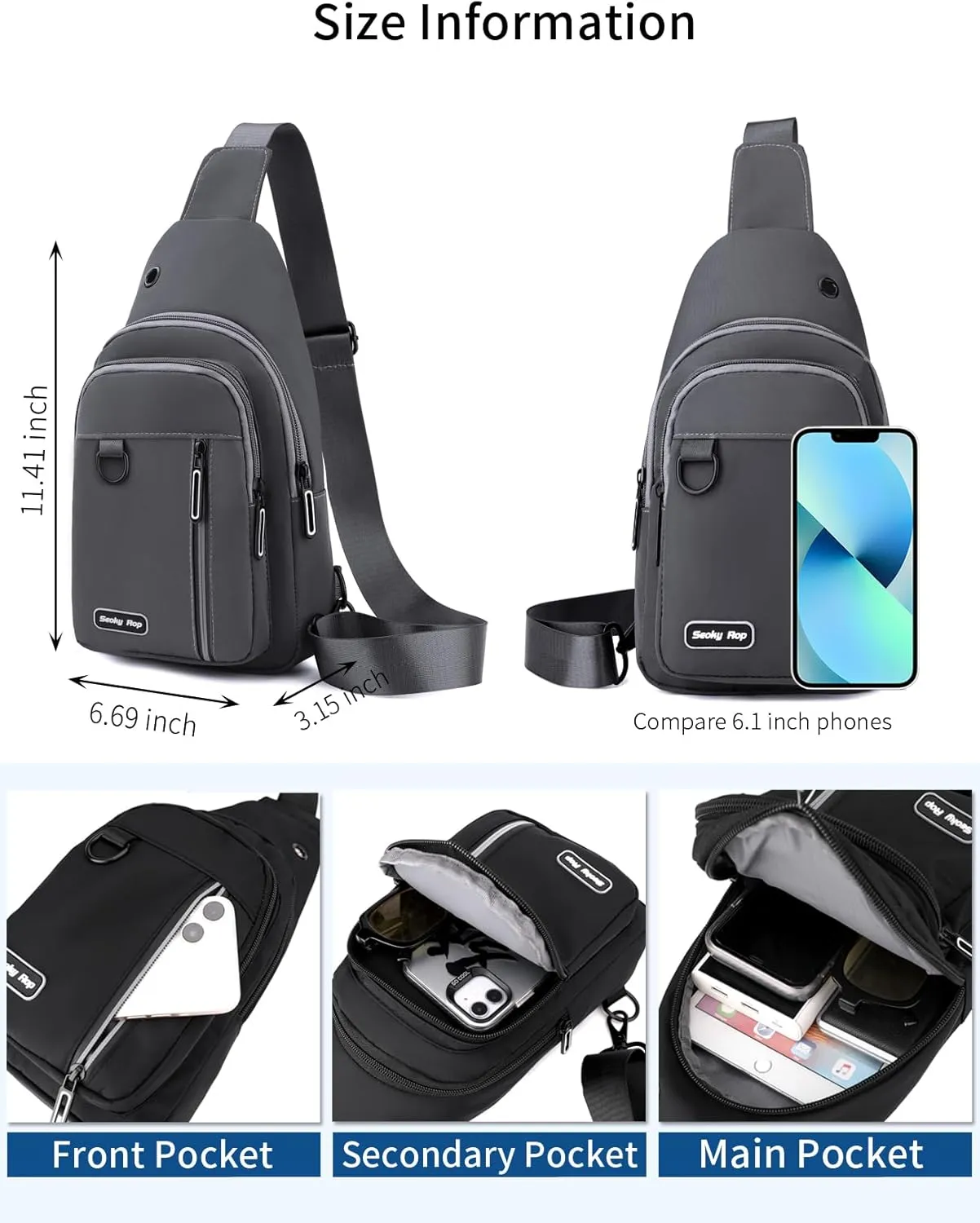Seoky Rop Sling Bag for Women Men One Shoulder Crossbody Bag Backpack Fanny Pack Cross Body Bags for Travel Day Trip Grey