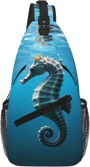 Serenity of the Seahorse Print Sling Bag for Women Men Crossbody, Cute Large Casual Chest Pack for Travel, Work, Hiking