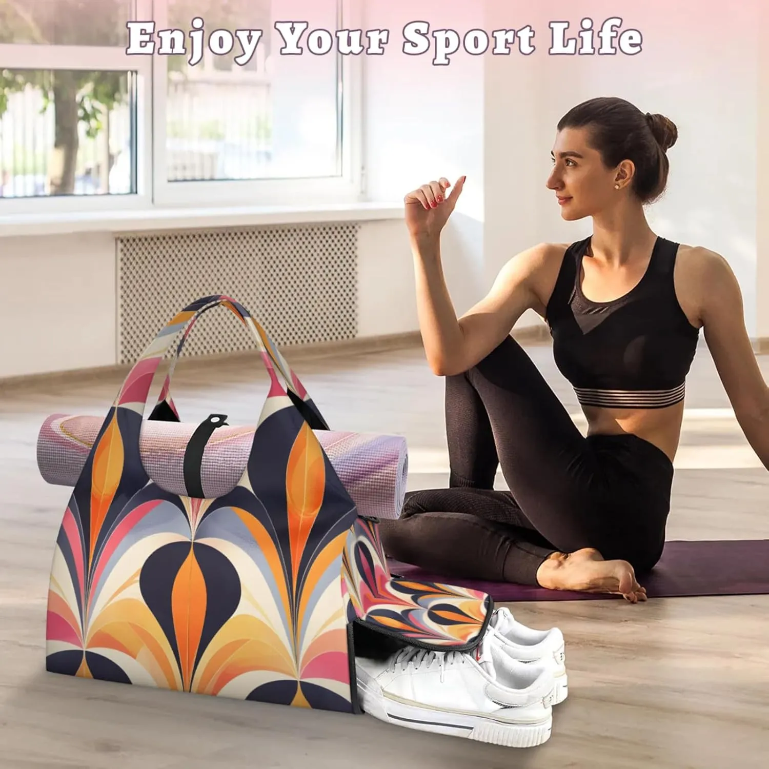 Shapes Paper Gym Bag Yoga Mat Tote for Women with Shoes Compartment Lightweight Duffle Travel Carrier Wet Dry Storage Pockets Adjustable Pilates Mats Shoulder Bags for Sport Swim