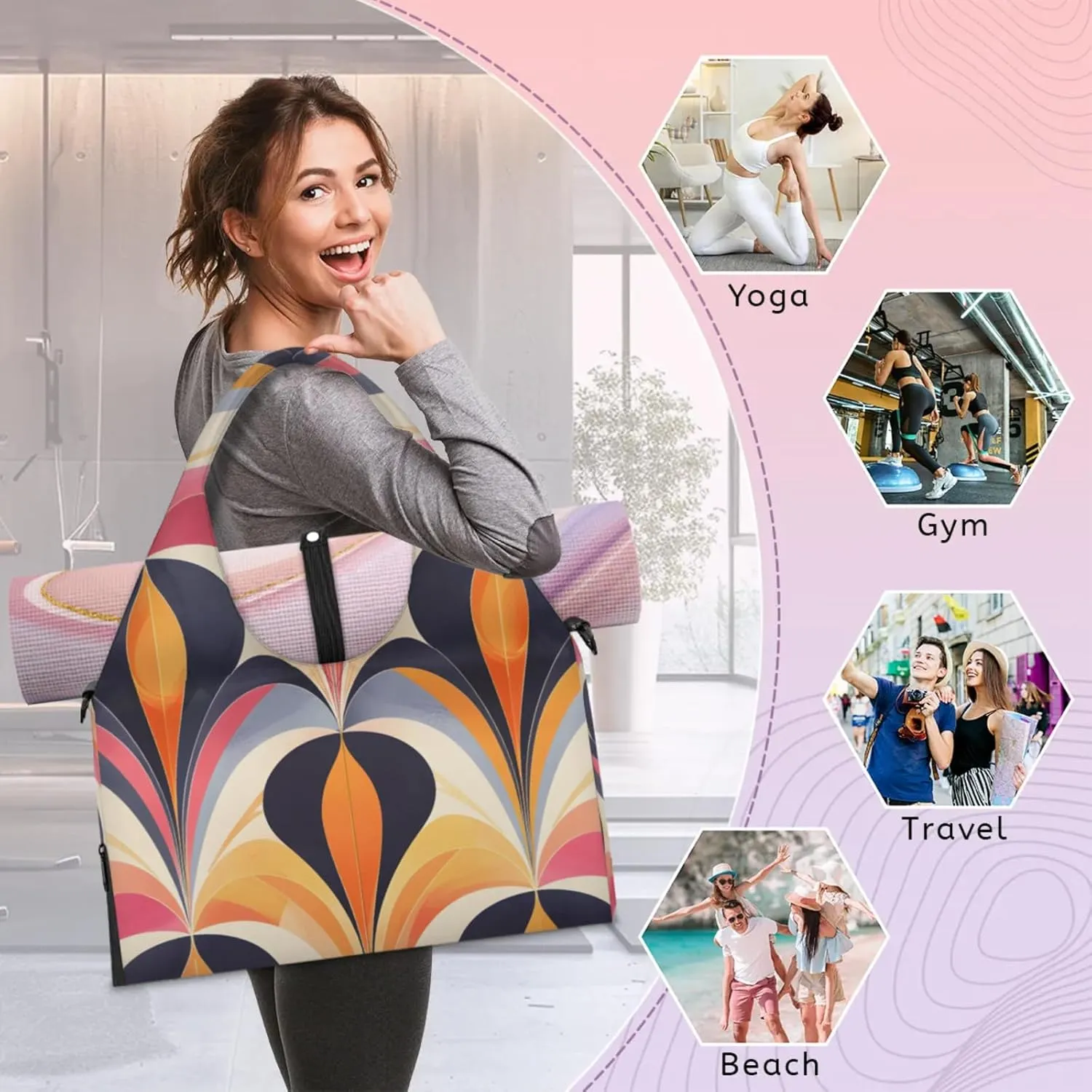 Shapes Paper Gym Bag Yoga Mat Tote for Women with Shoes Compartment Lightweight Duffle Travel Carrier Wet Dry Storage Pockets Adjustable Pilates Mats Shoulder Bags for Sport Swim