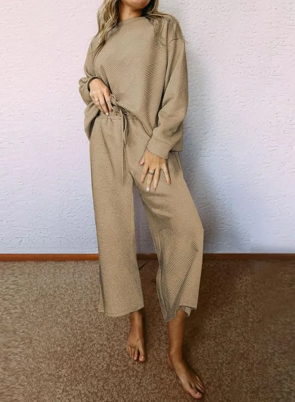 SHEWIN Women's 2 Piece Outfits Sweatsuit Casual Long Sleeve Pullover Tops and Drawstring Wide Leg Pants Lounge Sets