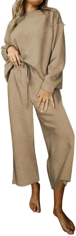 SHEWIN Women's 2 Piece Outfits Sweatsuit Casual Long Sleeve Pullover Tops and Drawstring Wide Leg Pants Lounge Sets