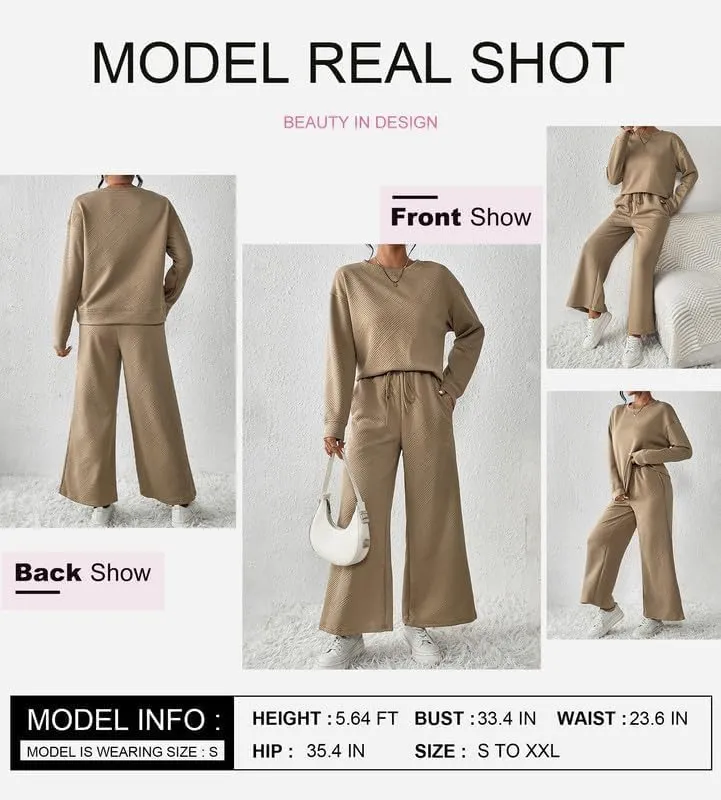 SHEWIN Women's 2 Piece Outfits Sweatsuit Casual Long Sleeve Pullover Tops and Drawstring Wide Leg Pants Lounge Sets