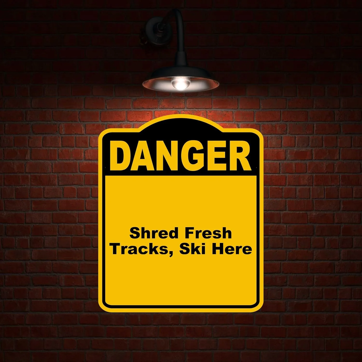 Shred Fresh Tracks, Ski Here Danger Yellow Black Aluminum Composite Sign 20 x 24 inches