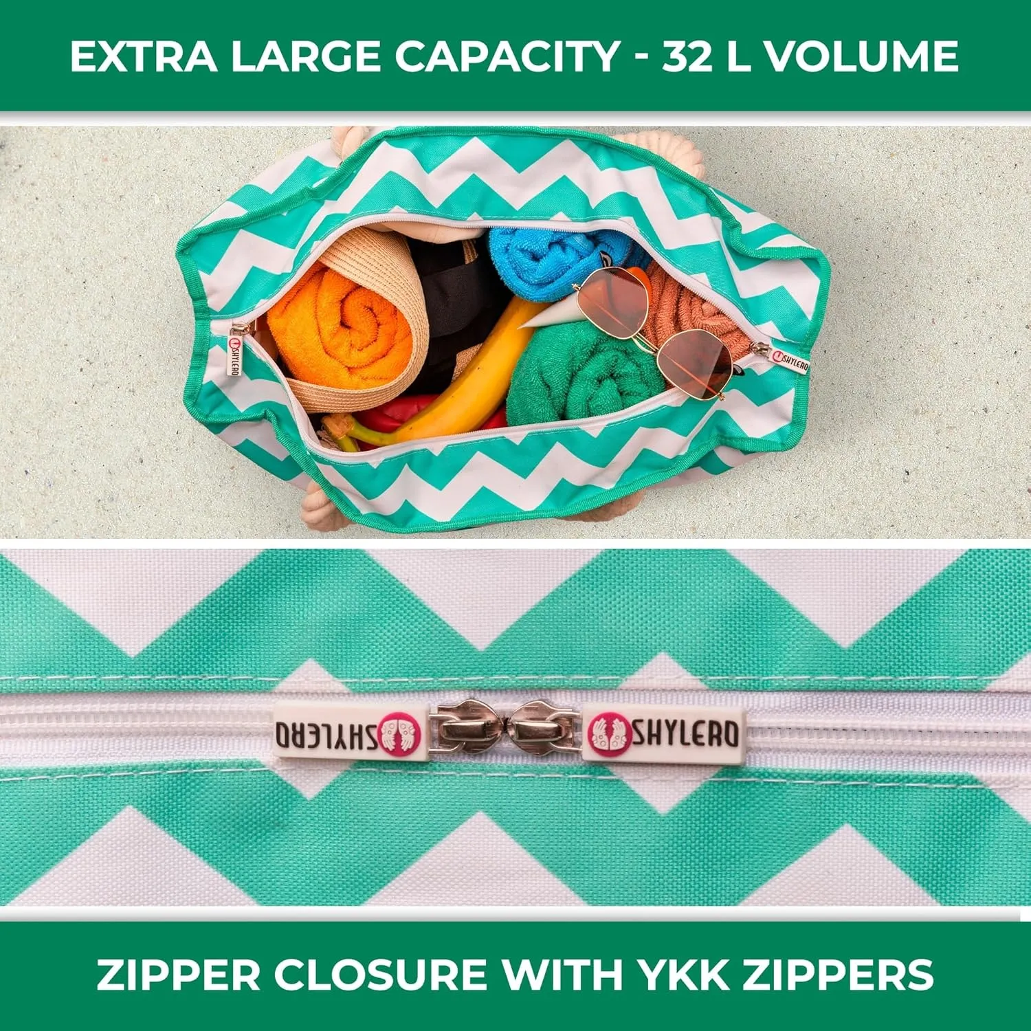 SHYLERO Beach Bag and Pool Bag. Has Airtight Pouch, Ton of Pockets. Beach Tote is Zippered, Water Resistant. Family Size