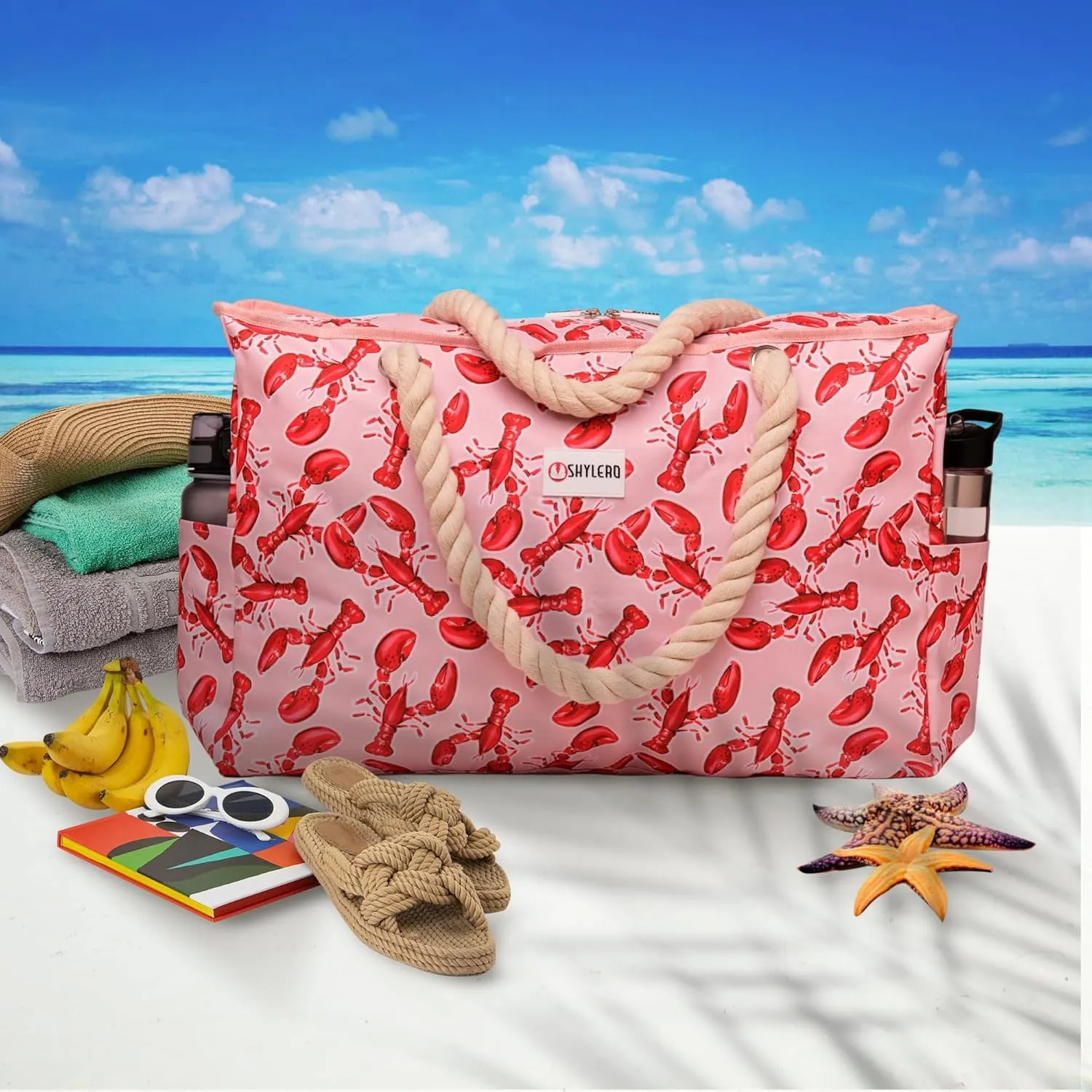 SHYLERO Beach Bag and Pool Bag. Has Airtight Pouch, Ton of Pockets. Beach Tote is Zippered, Water Resistant. Family Size