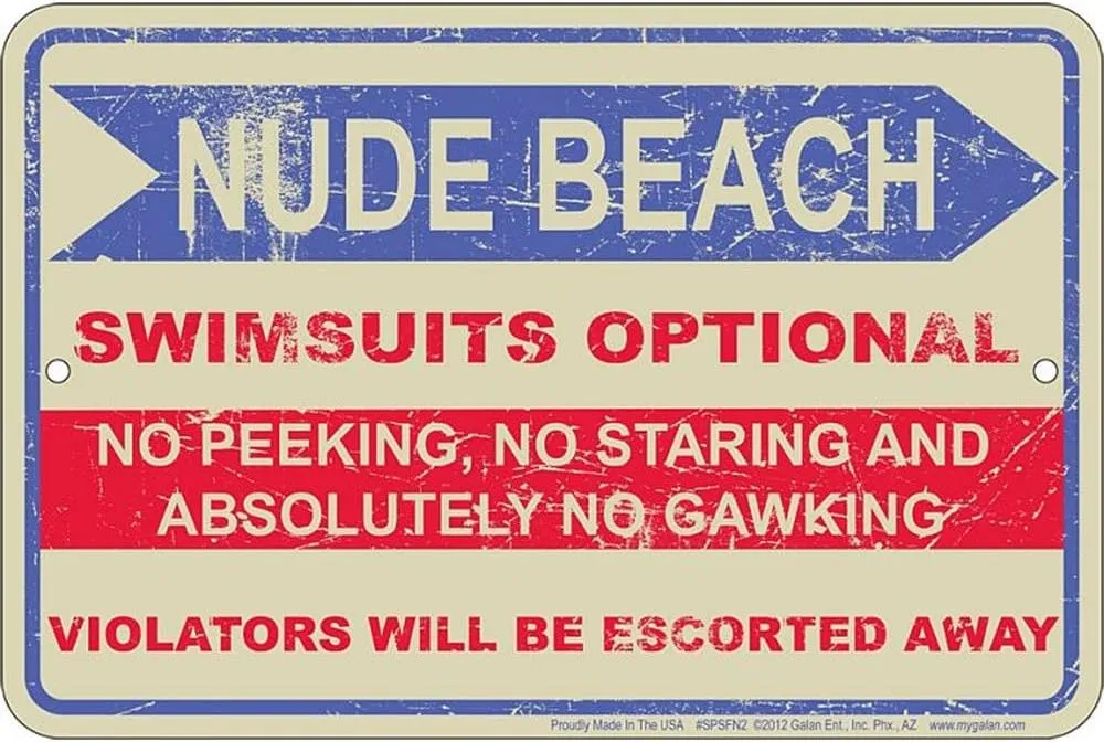 Signs 4 Fun Decorative Parking Sign | Nude Beach | 8” x 12” | Embossed Aluminum Sign | Made in the USA | SPSFN2