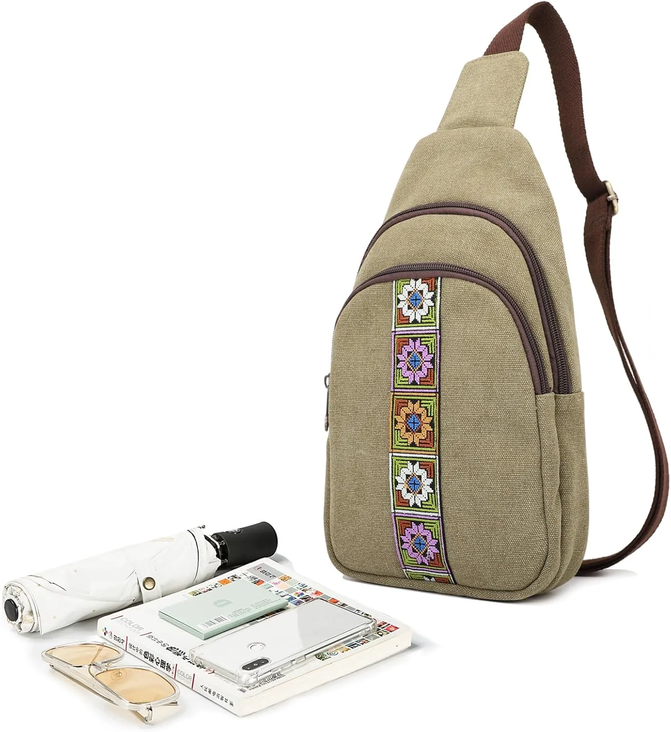SILKAREA Canvas Sling Bag for Wome Crossbody Purse Small Sling Backpack Purse Travel Hiking Chest Bag Daypack