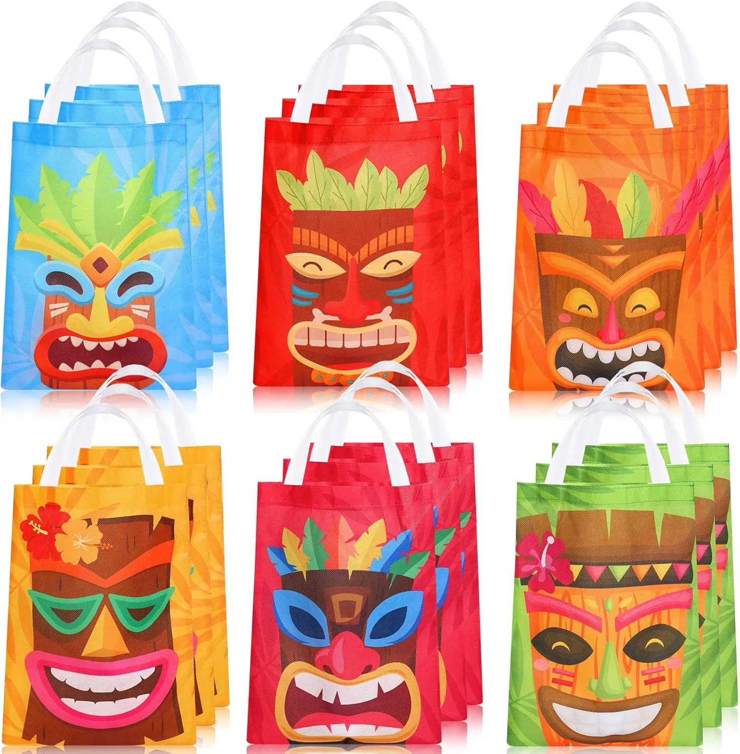Silkfly 24 Pcs Hawaiian Luau Party Favor Bags TiKi Non Woven Reusable Gift Bags with Handles Tropical Tiki Luau Goodie Candy Bags Summer Treat Bags for Hawaiian Party Supplies