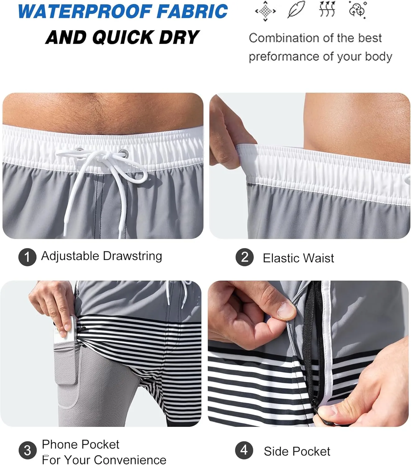 SILKWORLD Mens Swim Trunks with Compression Liner 9 Inch Long Bathing Suit 2 in 1 Beach Quick Dry Shorts with Pockets