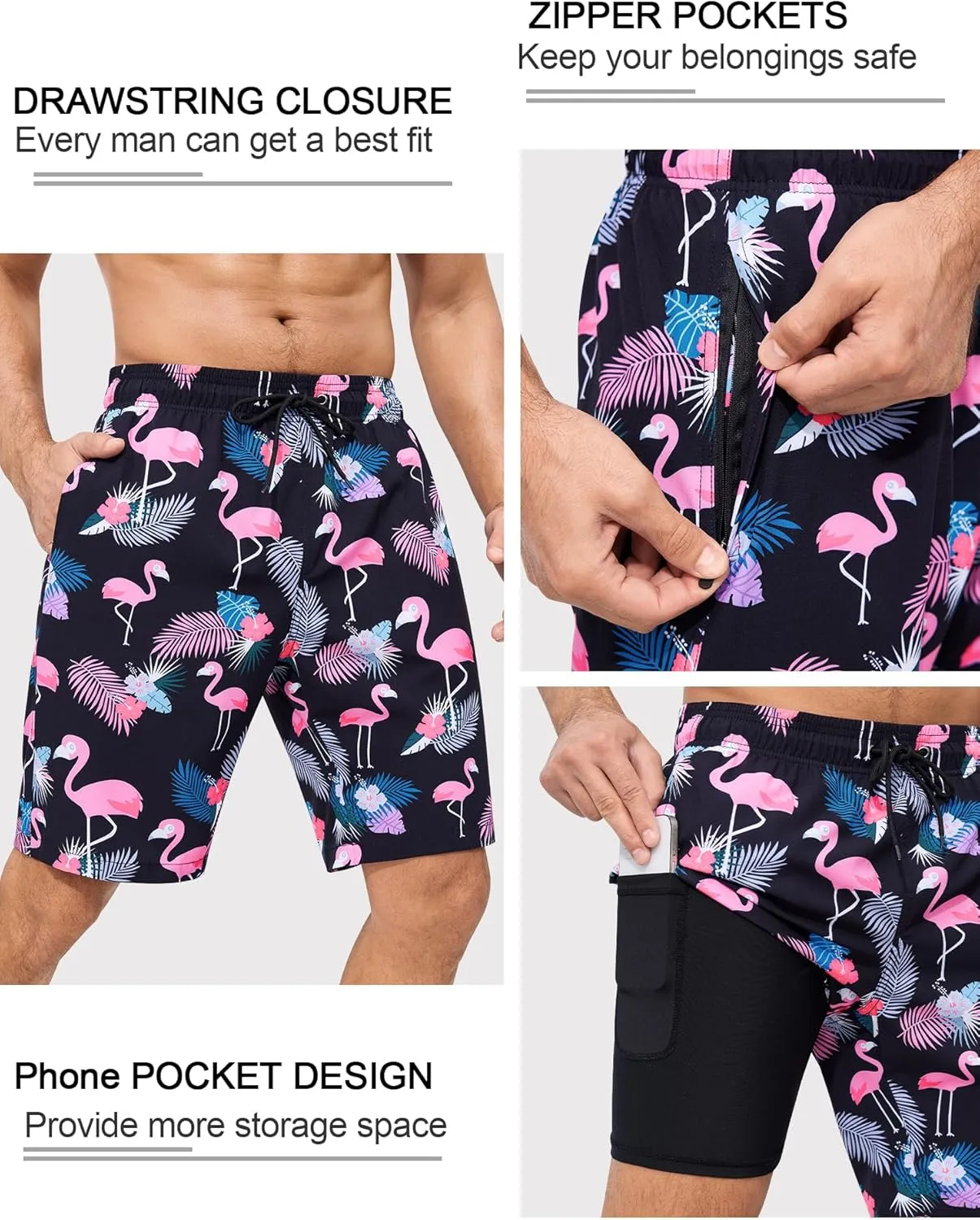 SILKWORLD Mens Swimming Trunks with Compression Liner 2 in 1 Quick-Dry 9" Swim Shorts with Zipper Pockets