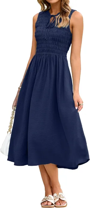 Simplee Womens Summer Smocked Midi Sundress V Neck Sleeveess Boho A Line Sun Dress with Pockets
