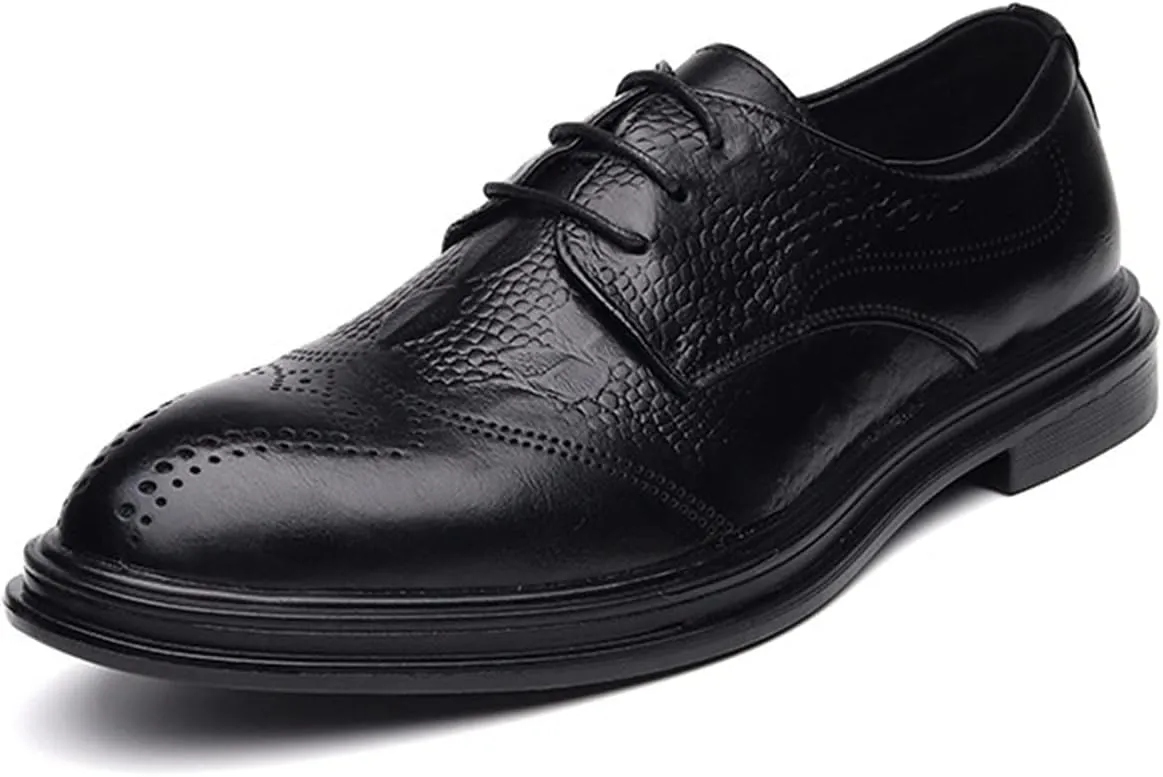 Single Season Dress Shoes for Men Lace Up Brogue Embossed Wing Tip Crocodile Print Burnished Toe Low Top Block Heel Rubber Sole Prom Very Popular Among Young People