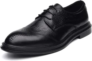 Single Season Dress Shoes for Men Lace Up Brogue Embossed Wing Tip Crocodile Print Burnished Toe Low Top Block Heel Rubber Sole Prom Very Popular Among Young People