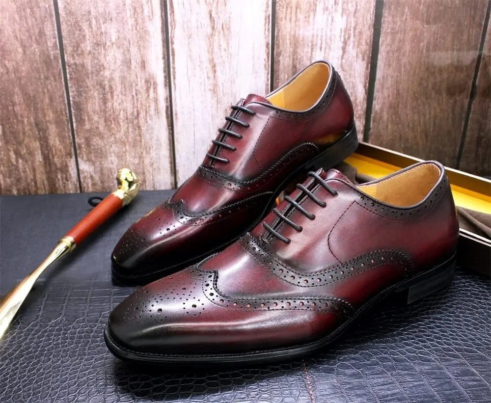 Single Season Dress Shoes for Men Lace Up Brogue Embossed Wing-tip Square Toe Cowhide Anti-Slip Non Slip Block Heel Slip Resistant Rubber Sole Business Very Popular Among Young People