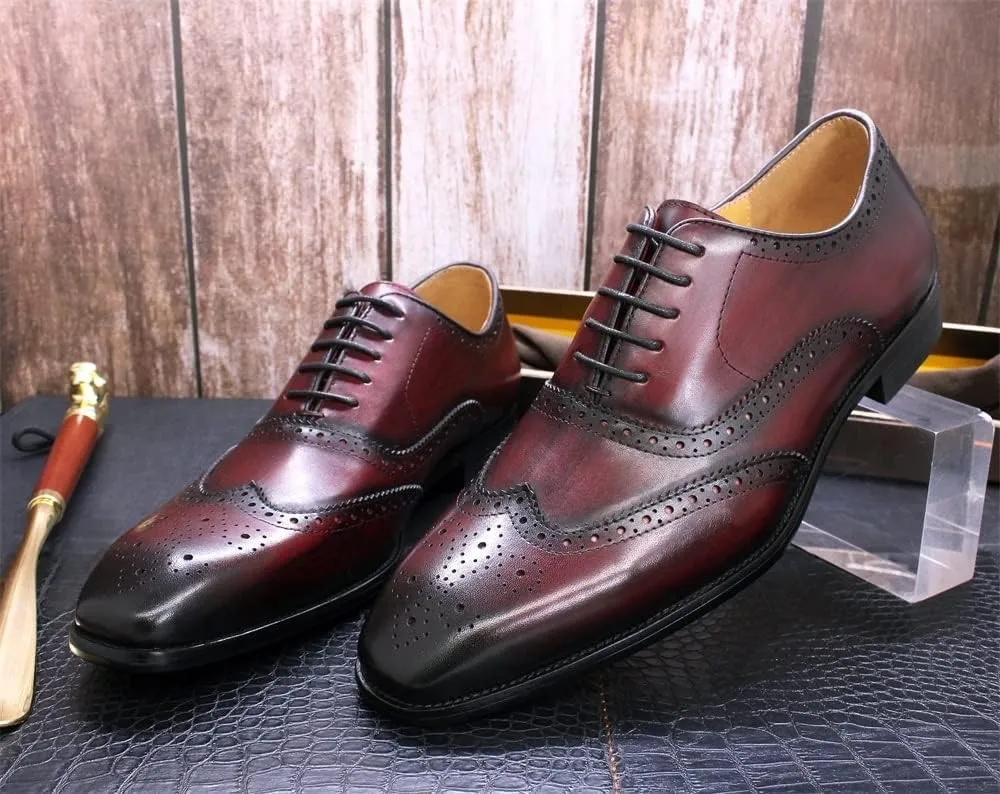 Single Season Dress Shoes for Men Lace Up Brogue Embossed Wing-tip Square Toe Cowhide Anti-Slip Non Slip Block Heel Slip Resistant Rubber Sole Business Very Popular Among Young People