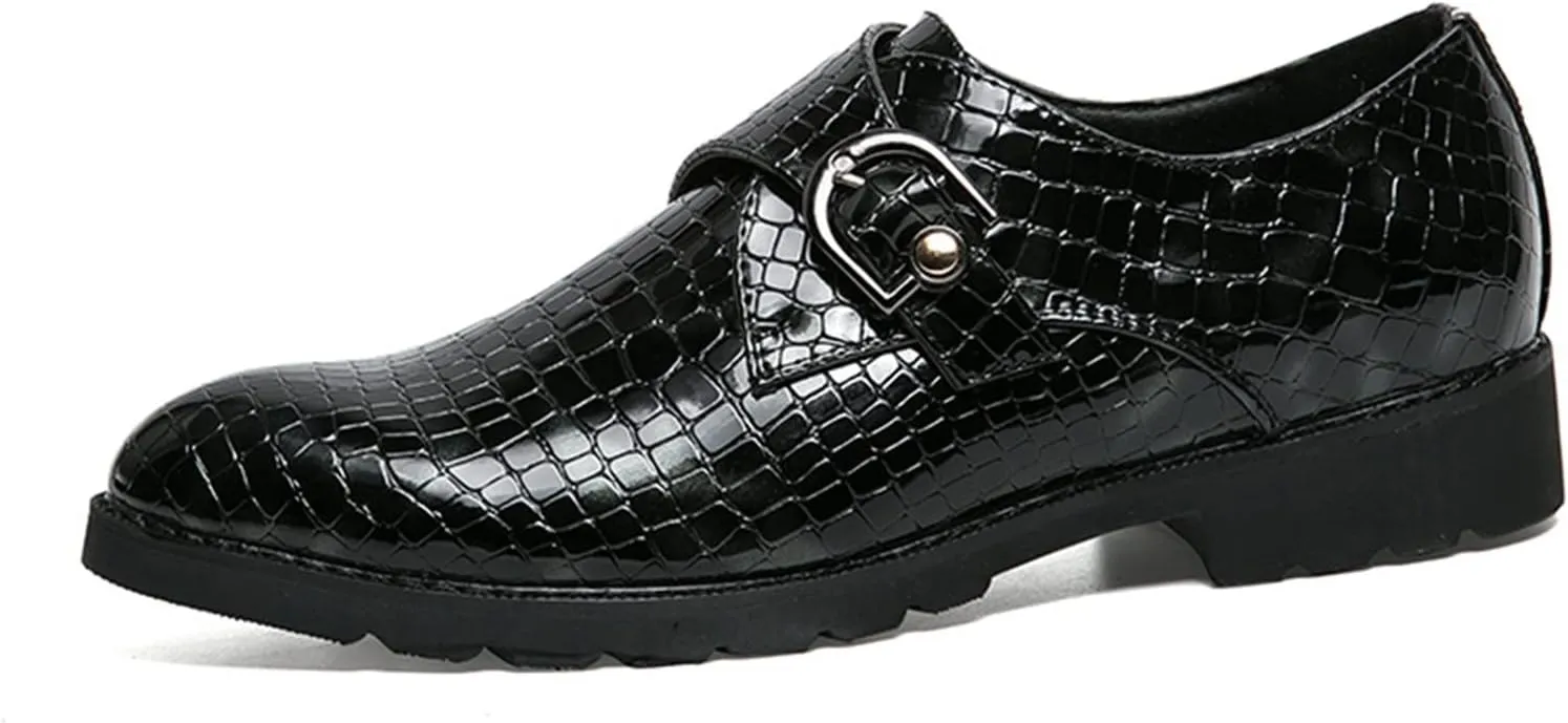 Single Season Dress Shoes for Men Slip On Crocodile Embossed Monk Strap PU Leather Slip Resistant Anti-Slip Block Heel Low Top Rubber Sole Outdoor Very Popular Among Young People (Color Black