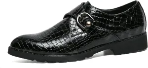 Single Season Dress Shoes for Men Slip On Crocodile Embossed Monk Strap PU Leather Slip Resistant Anti-Slip Block Heel Low Top Rubber Sole Outdoor Very Popular Among Young People (Color Black
