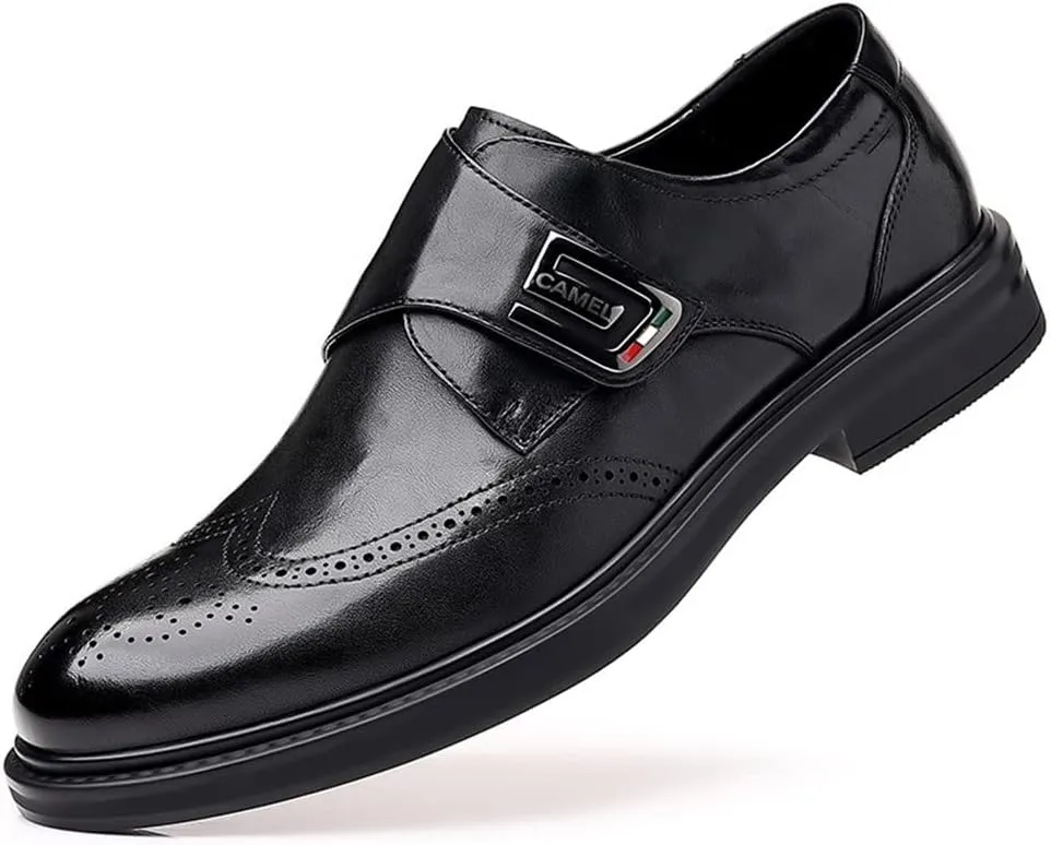 Single Season Formal Dress Shoes for Men Slip On Monk Strap Burnished Toe Brogue Embossed Vegan Leather Slip Resistant Rubber Sole Anti-Slip Low Top Casual Very Popular Among Young People Black