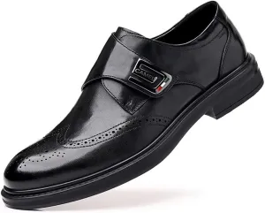 Single Season Formal Dress Shoes for Men Slip On Monk Strap Burnished Toe Brogue Embossed Vegan Leather Slip Resistant Rubber Sole Anti-Slip Low Top Casual Very Popular Among Young People Black