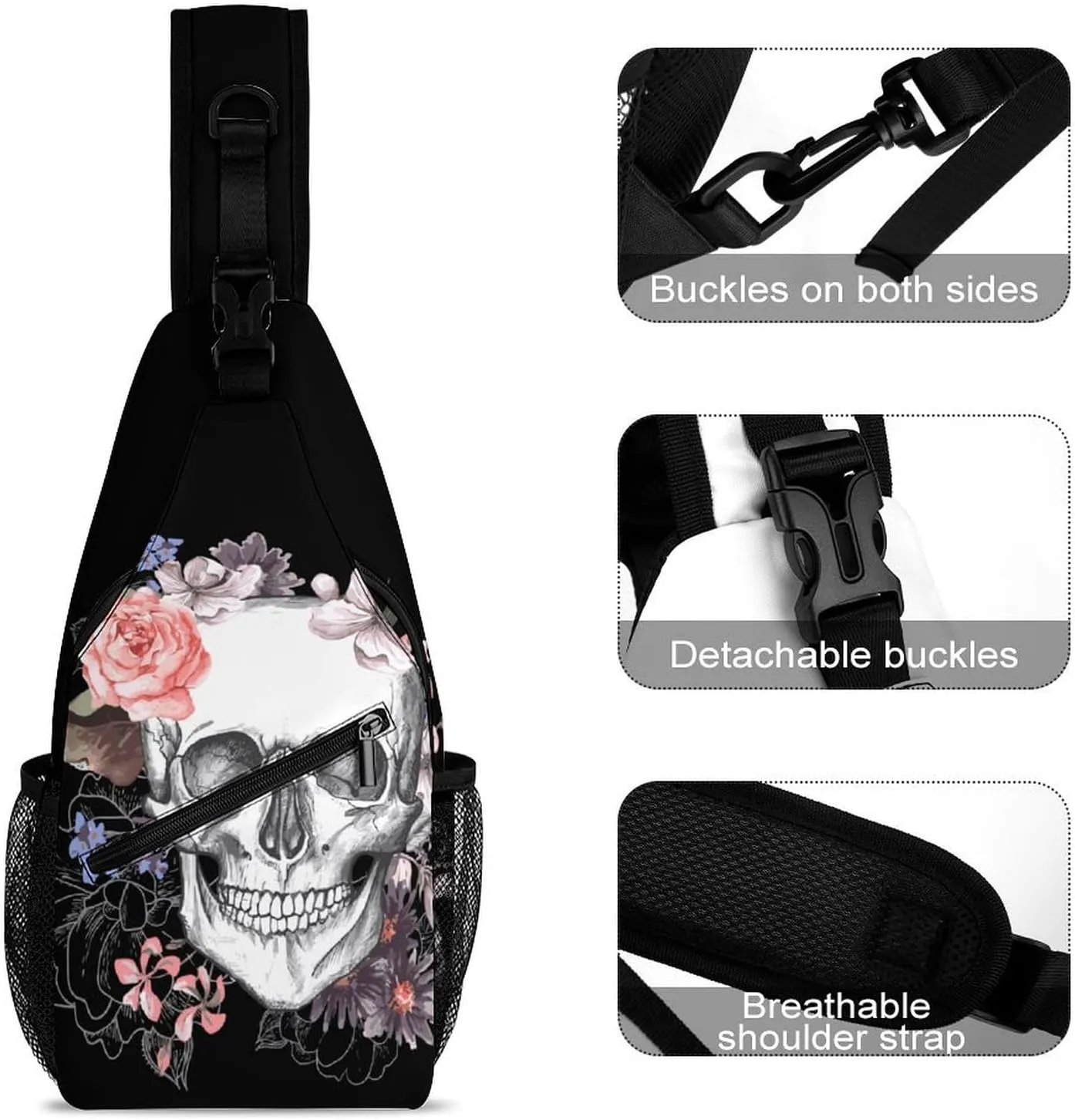 Skull And Flowers Day of The Dead (2) Sling Bag Mens Womens Crossbody Backpack Chest Daypack Small Cross Body Backpack Shoulder Bag Cycling Daypack Leisure Backpacks