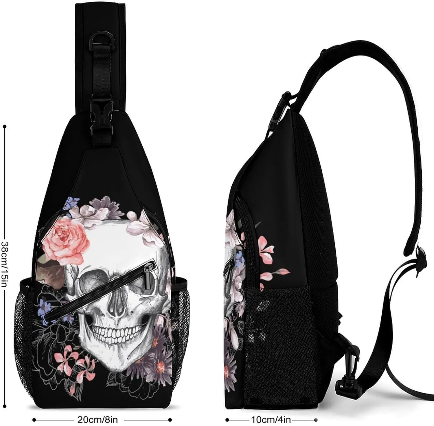 Skull And Flowers Day of The Dead (2) Sling Bag Mens Womens Crossbody Backpack Chest Daypack Small Cross Body Backpack Shoulder Bag Cycling Daypack Leisure Backpacks