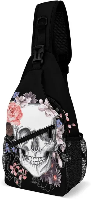 Skull And Flowers Day of The Dead (2) Sling Bag Mens Womens Crossbody Backpack Chest Daypack Small Cross Body Backpack Shoulder Bag Cycling Daypack Leisure Backpacks