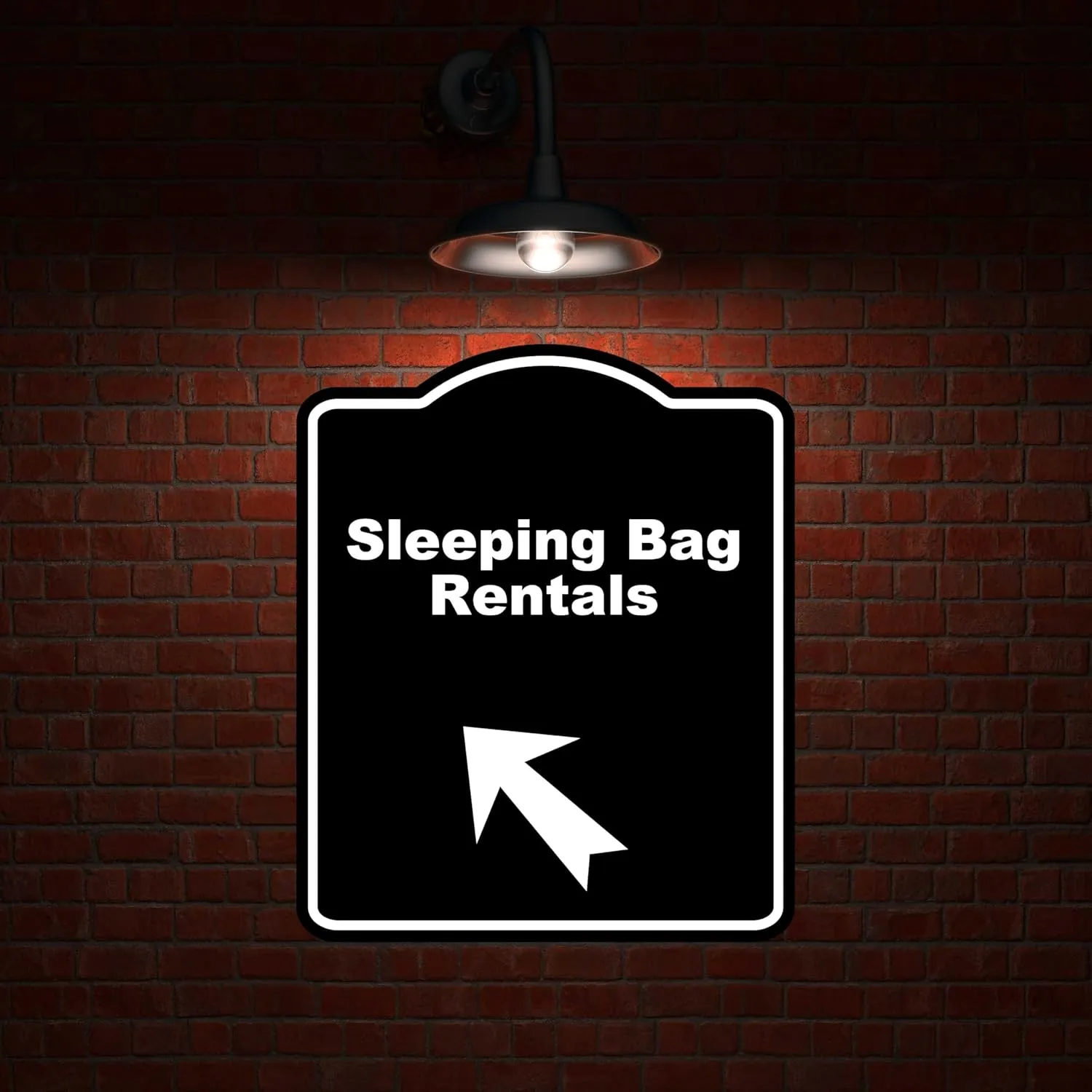 Sleeping Bag Rentals Black Sign Arrow Up Left Aluminum Composite Sign 20 x 24 inches