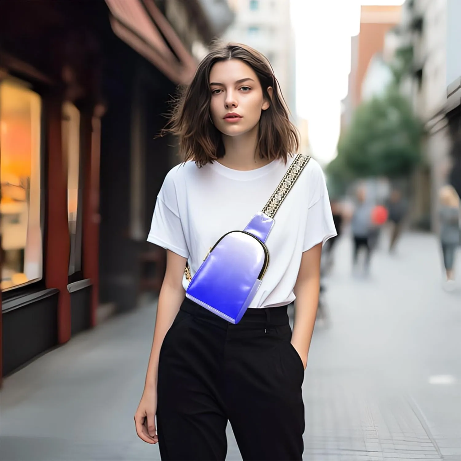 Sling Backpack Gradient Blue Sling Bag for Women Crossbody Shoulder Bag Leather Fanny Pack Chest Bag for Travel Hiking