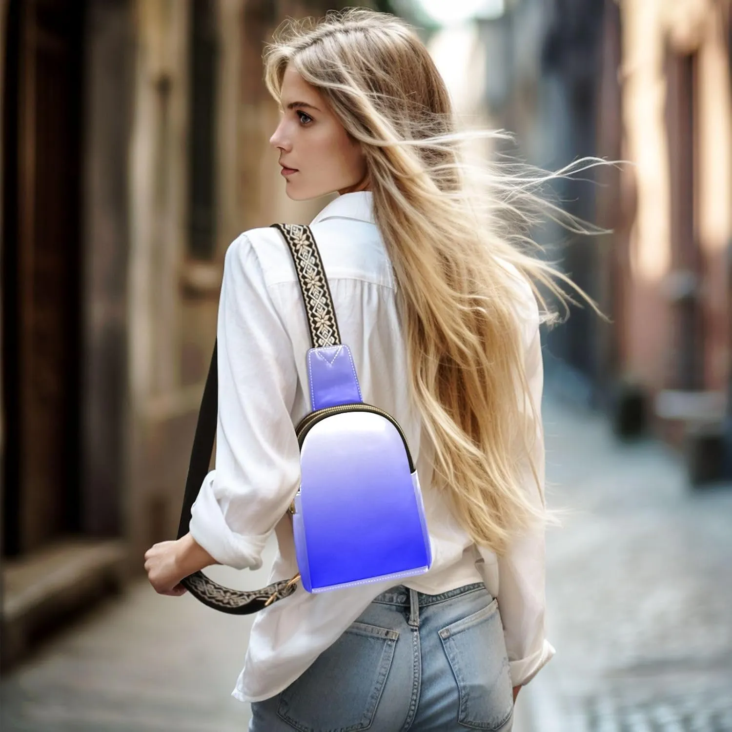 Sling Backpack Gradient Blue Sling Bag for Women Crossbody Shoulder Bag Leather Fanny Pack Chest Bag for Travel Hiking