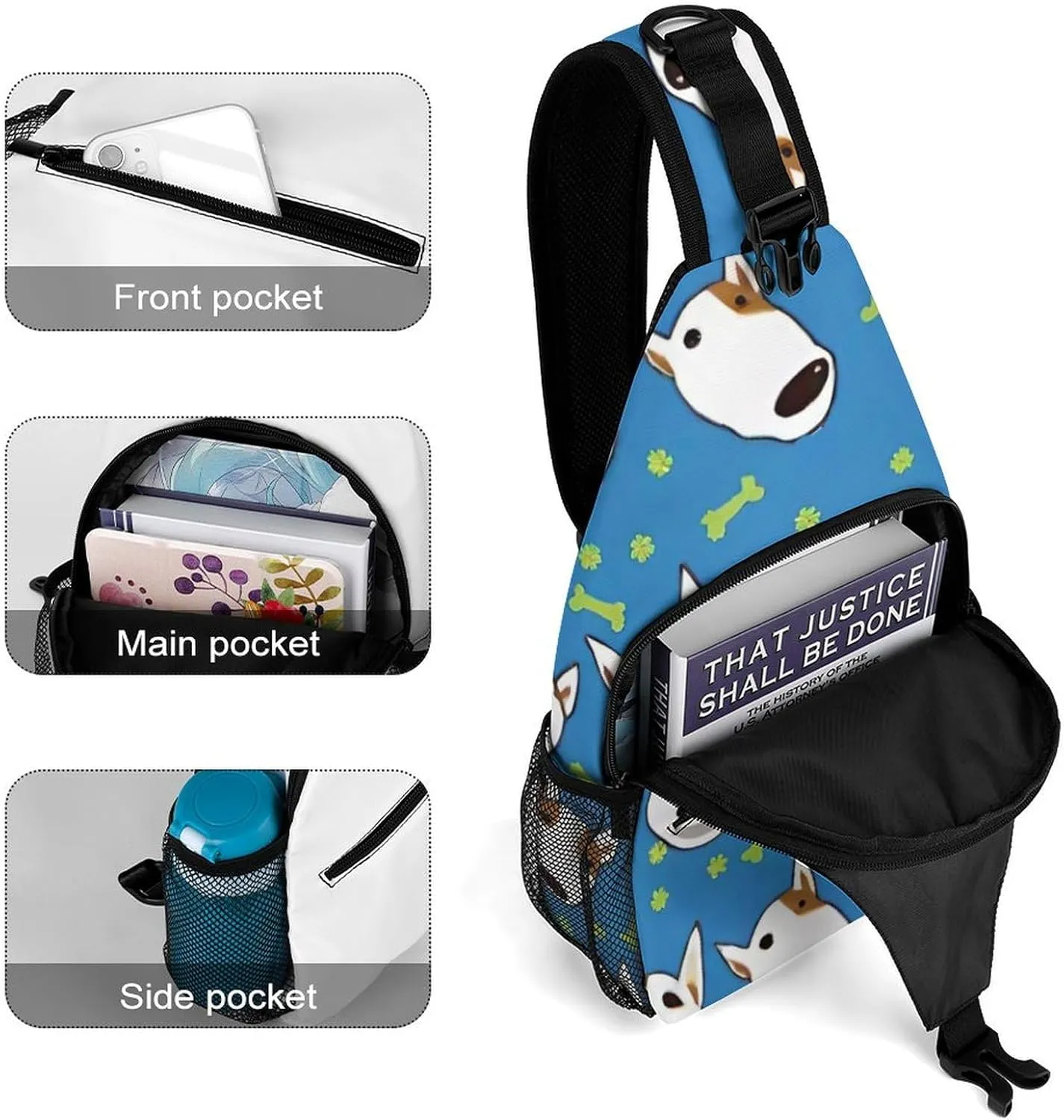 Sling Bag Backpack for Men Women Multipurpose Anti-Theft Satchel Bookbags Travel Rucksack Daypack Bookbag, Adorable Bull Terrier Dog Art Shoulder Crossbody Bag Chest Pack