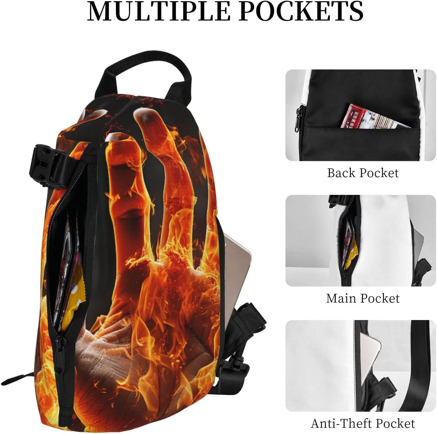 Sling Bag Crossbody Backpack for Men Women Fire Flame Hand Chest Bag Crossbody Bag for Travel Sport Running