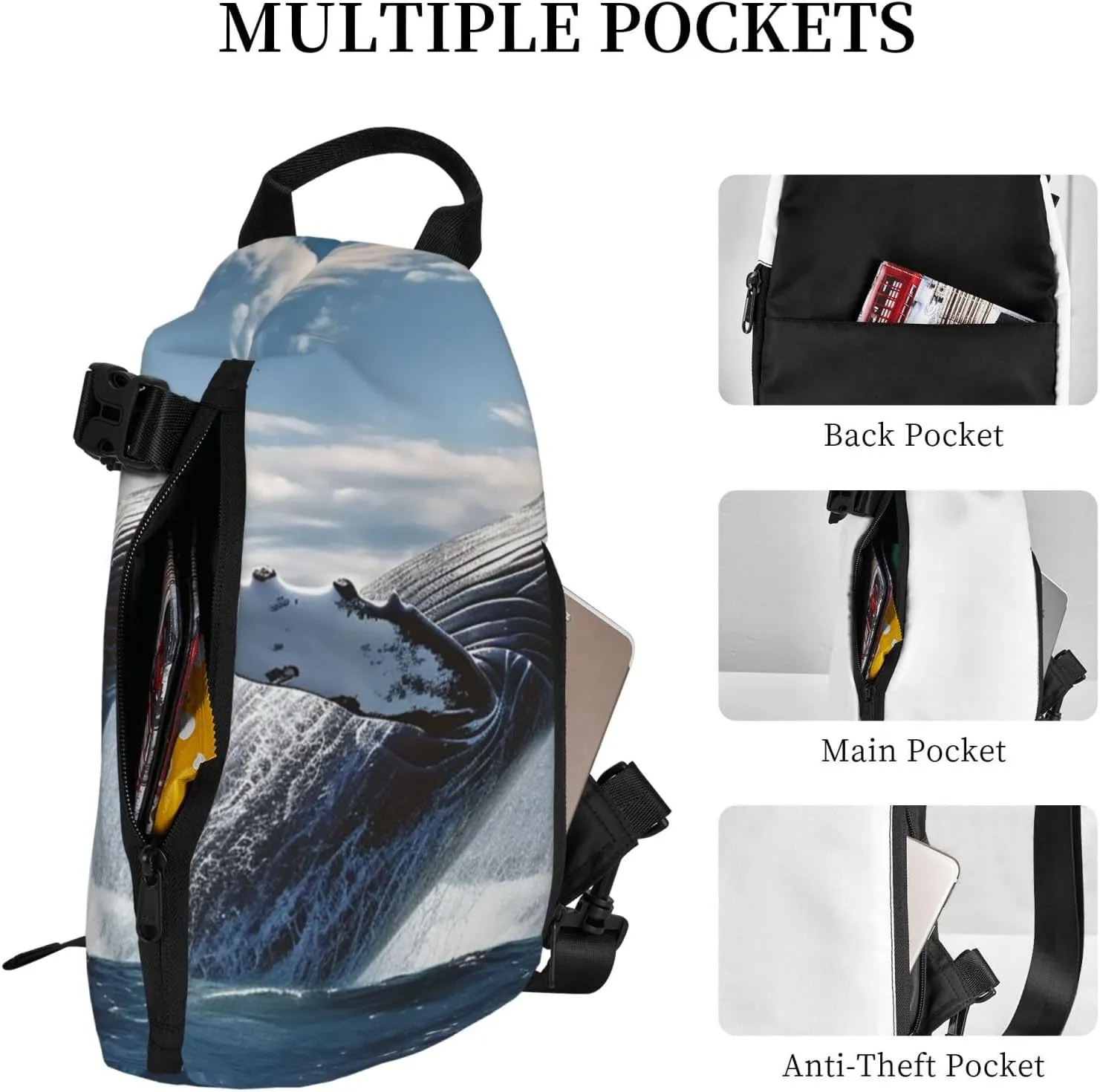Sling Bag Crossbody Backpack for Men Women Whale Above Sea Water in The Ocean Chest Bag Crossbody Bag for Travel Sport Running