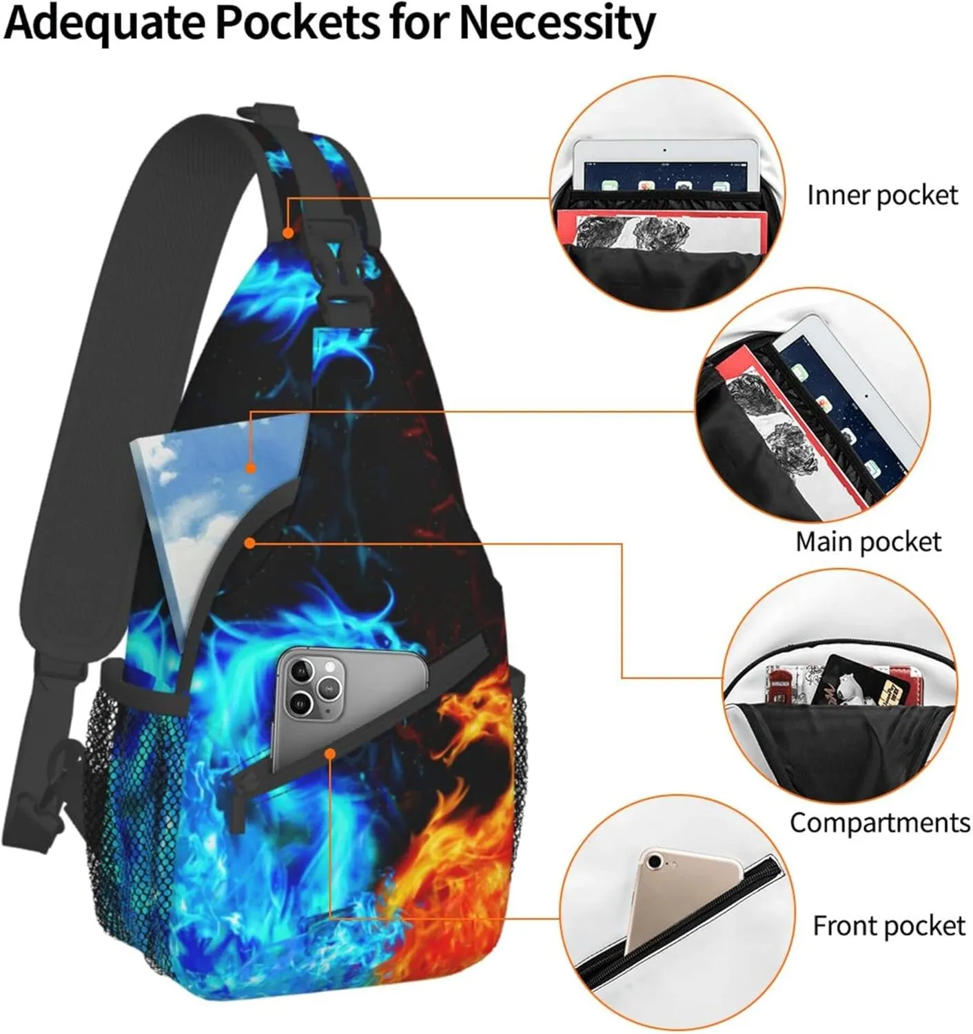 Sling Bag Flame Dragon Sling Backpack Crossbody Bag water resistant Shoulder Chest Bags for men women Travel Hiking Gym anti theft