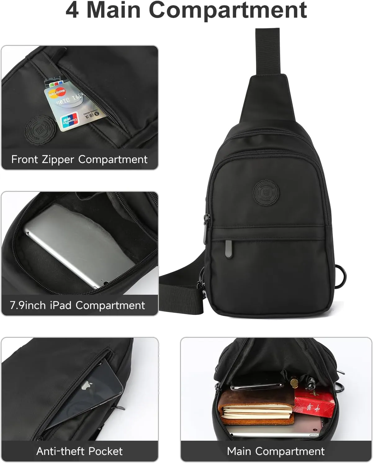 Sling Bag for Men Crossbody Side Bag Man Sling Backpack Waterproof Black for Hiking Travel
