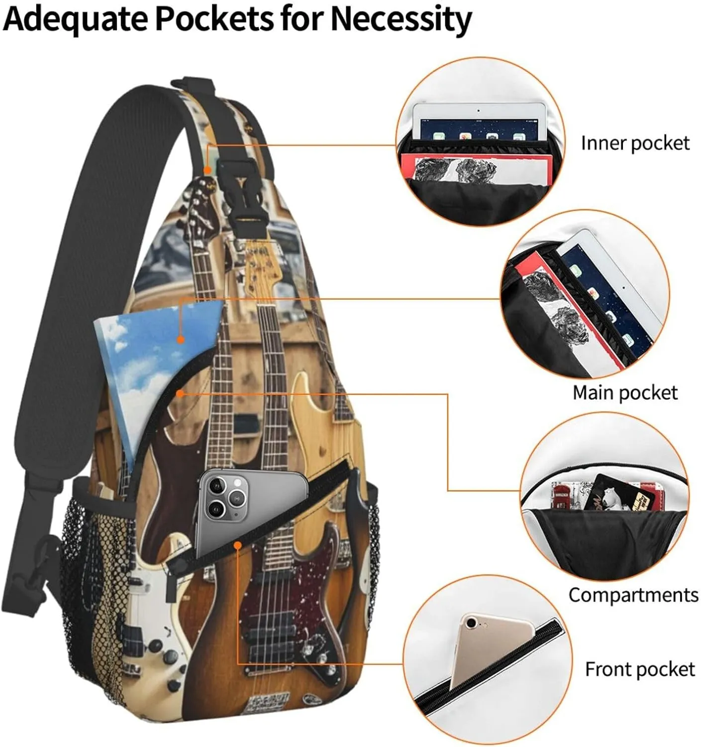Sling Bag for Men Women Crossbody Backpack Guitar Bass Music Musical Instruments Crossbody Bag Chest Bag for Travel Sport
