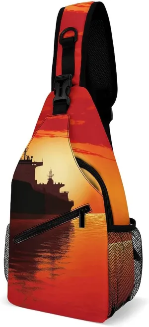 Sling Bag for Men Women Silhouette of The Tanker Ship on Red Sunrise Chest Bag Casual Crossbody Bag Sling Backpack for Travel Daypack
