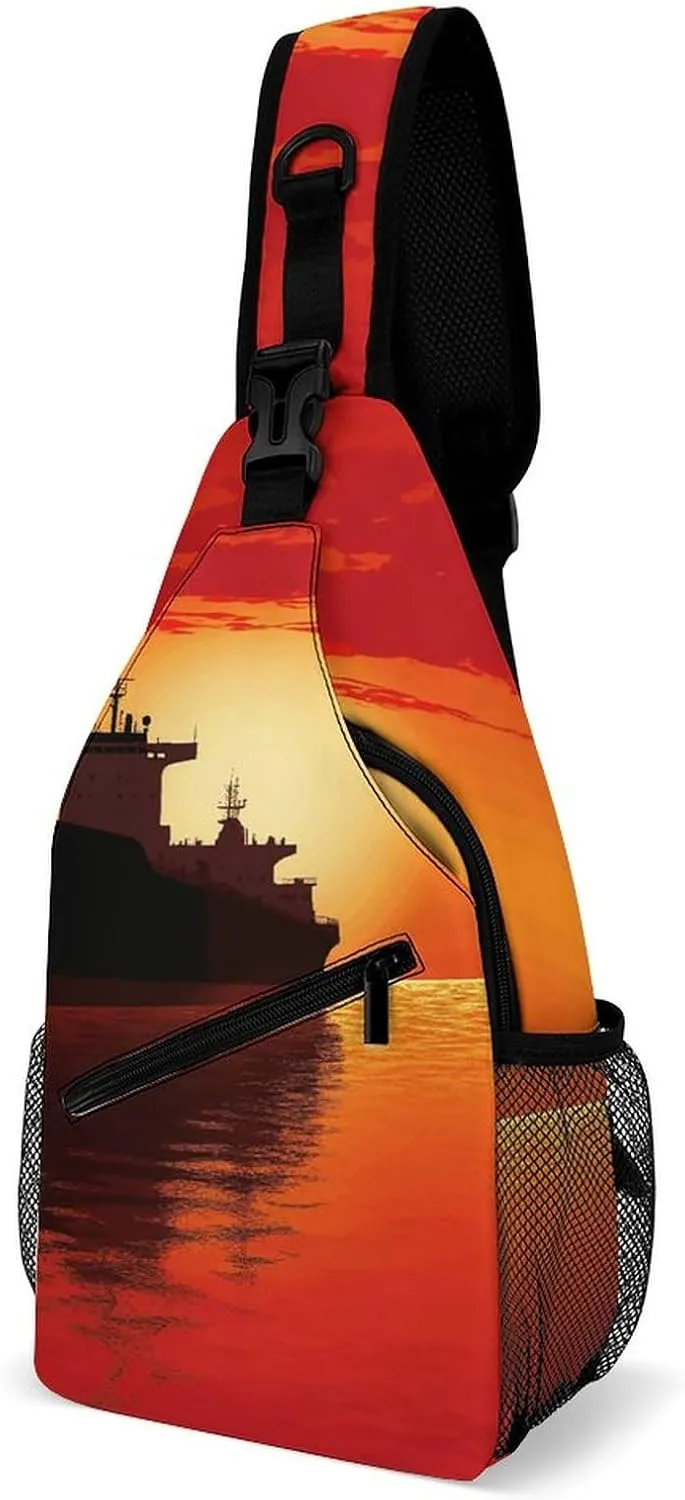 Sling Bag for Men Women Silhouette of The Tanker Ship on Red Sunrise Chest Bag Casual Crossbody Bag Sling Backpack for Travel Daypack
