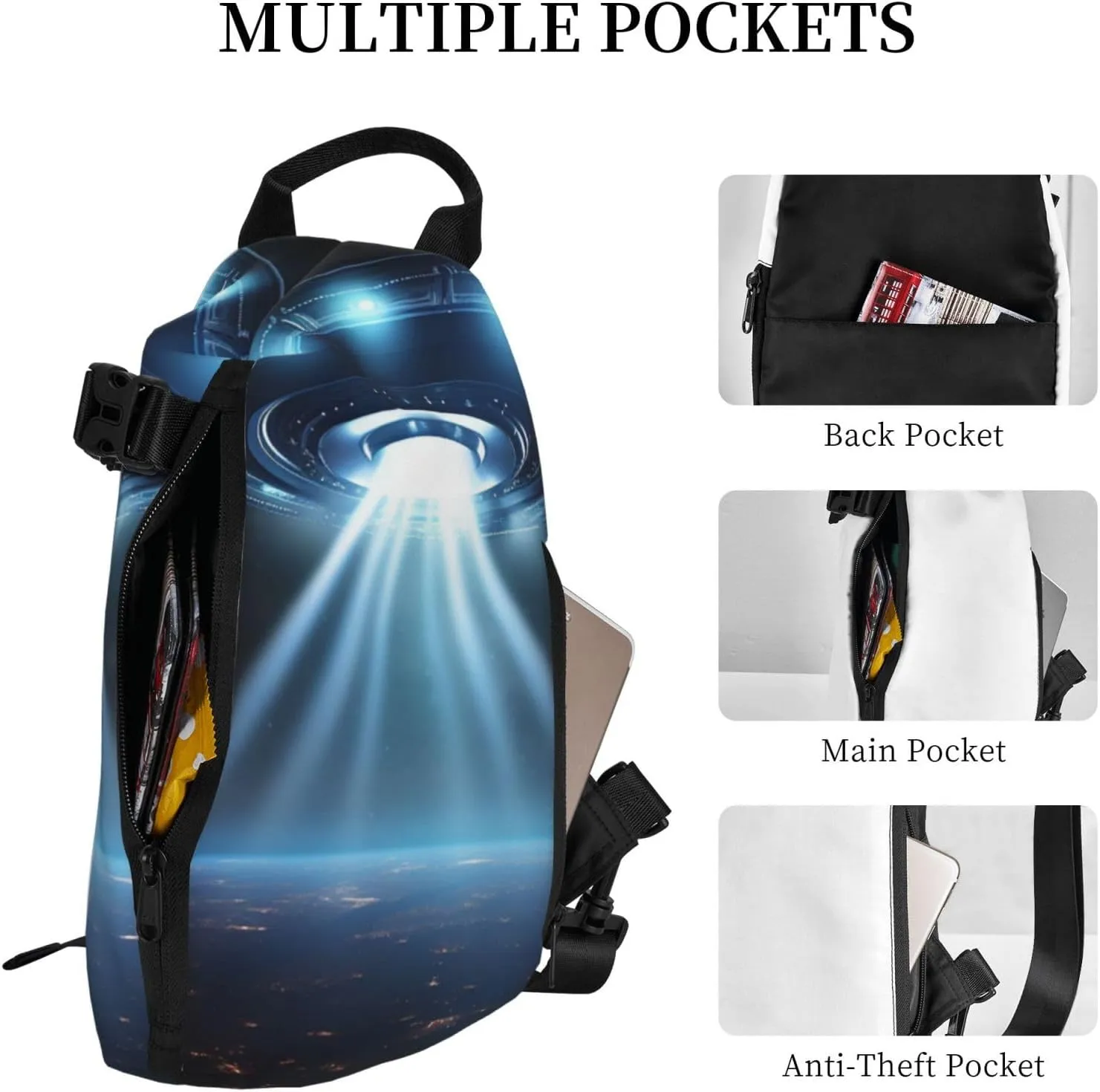 Sling Bag for Women Men Shoulder Bag Universe Landscape Painting Chest Bag Travel Fanny Pack Lightweight Casual Daypack, Ufo Spaceship, One Size